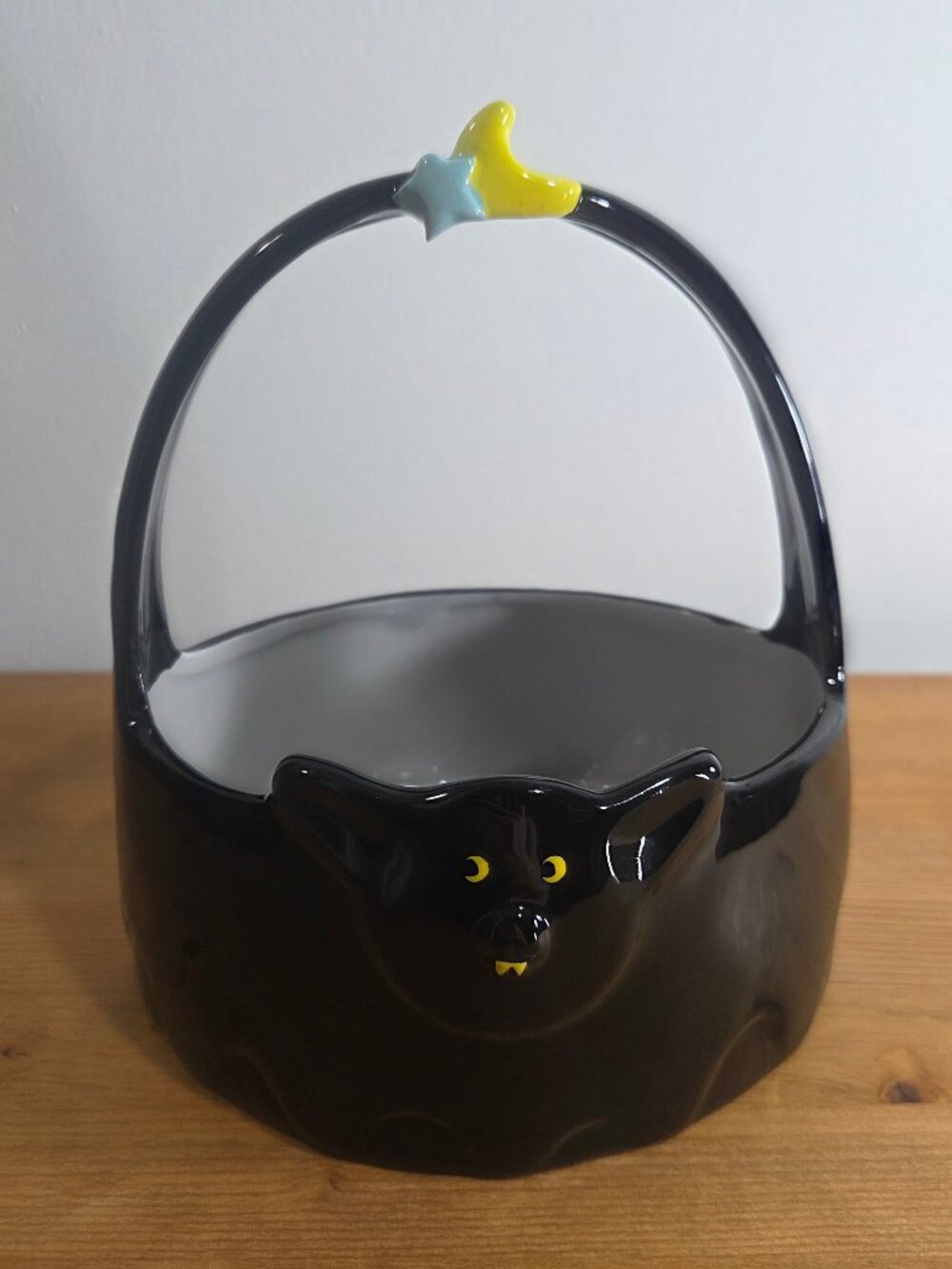 Halloween Ceramic Black Bat Candy Bowl Basket Star and Moon Handle Adorable